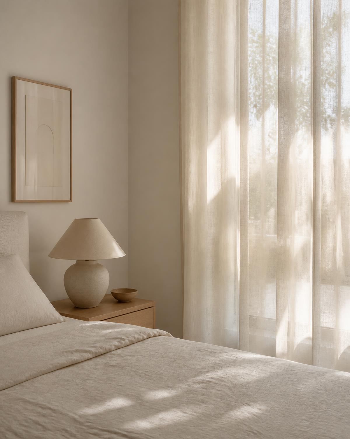 Cream bedroom corner with boucle textures and soft cove lighting