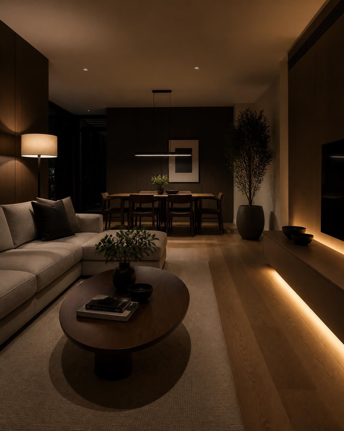 Dimly lit living and dining space with warm lamp light and hidden LED glow